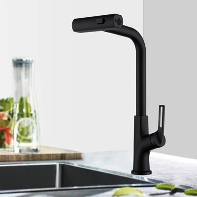 Ebern Designs Brushed Gold Pull Down Kitchen Faucet - 3 Spray Modes, Single Handle, 360 Rotation, Zinc, Hot And Cold Water Options With Stream, Spray, Rainfall Wate