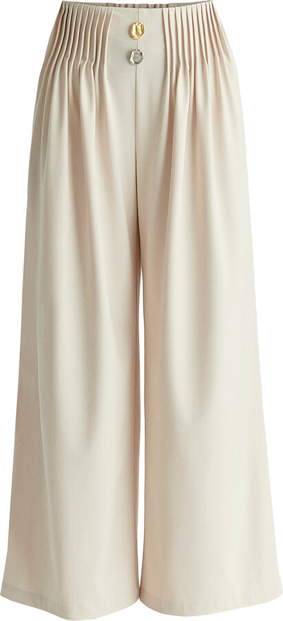 Paisie Neutrals Wide Leg Trousers With Pleated Waist Detail In Cream