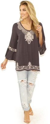 West Coast Wardrobe Heirloom Embroidered Bell Sleeve Top in Dusty Navy Blue