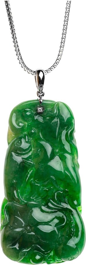 Luxe Pieces Green Jadeite Jade Fish And Lotus Leaf Pendant, Certified Untreated