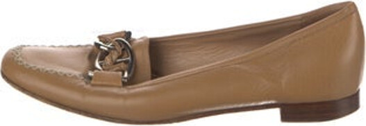 Prada Leather Loafers Neutrals Round-Toes with Chain-Link Accents Buckle Closure At Uppers Designer