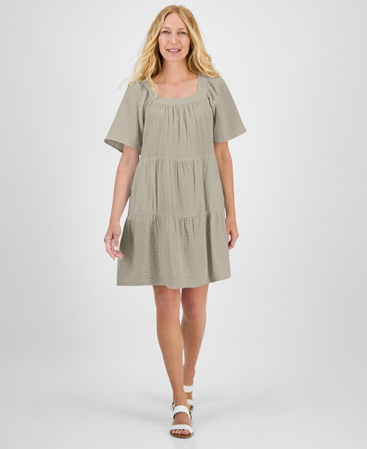 Style Co Petite Square-Neck Short-Sleeve Tiered Dress