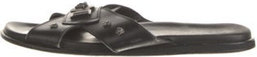 Versace Leather Slides Black Studded Accents Includes Dust Bag Unfortunately, due to restrictions, this item may not be eligible for shipping in all areas.