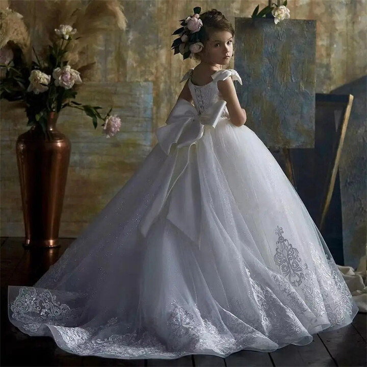 lakeitama White Lace Flower Girl Princess Dresses Children First Communion Gown Bow Puffy Appliques Long Tulle Wedding Party Formal Dress