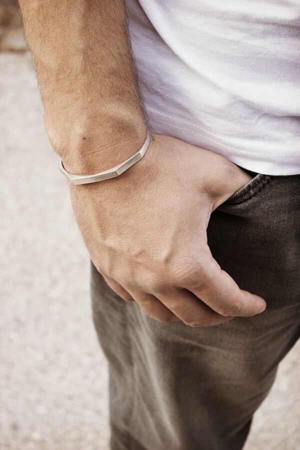 Etsy sterling Silver Polygonal Cuff Bracelet Open Oval Bangle Wire Brushed 925 Solid Silver Gift For Him & Her Layering Jewelry