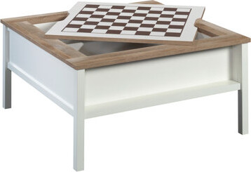Dual - Purpose White Square Coffee And Gaming Table, Removable Top With Chess, Hidden Storage Shelf, Oak Details, Quick Setup, 38.86 Inches By 19.51 F