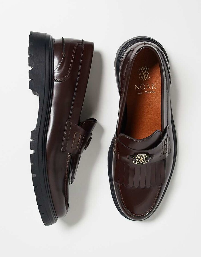 Noak made in Portugal fringe loafers in brown leather with gold hardware
