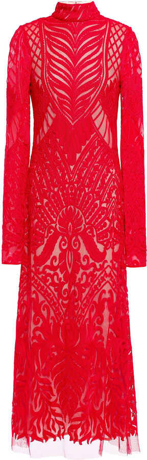Open-back embroidered tulle midi dress