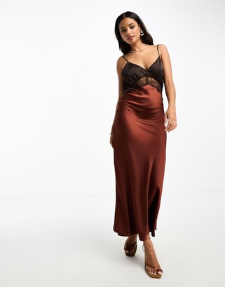 Abercrombie \u0026 Fitch lace detail midi slip dress in brown satin - ShopStyle