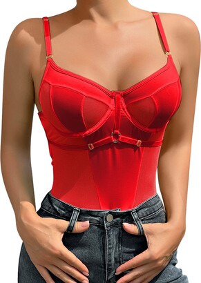 SHYMMUO Women's Black Corset Top Mesh Boned Body Shaper Sexy Lace Up  Overbust Waist Trainer