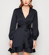 Thumbnail for your product : New Look Satin Puff Sleeve Ruffle Wrap Dress