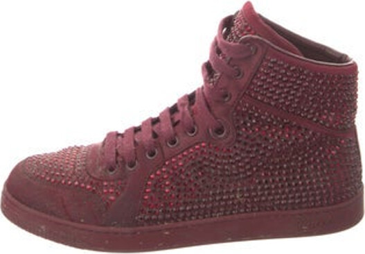 Gucci Leather High Top Sneakers Burgundy Crystal & Satin Trim Round-Toes with Crystal Embellishments Lace-Up Closure at Uppers Designer