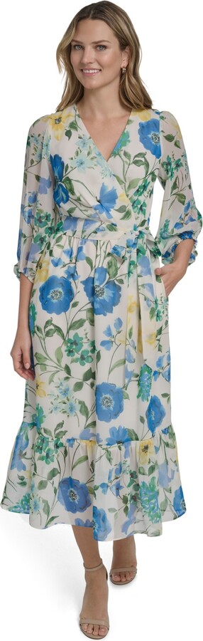 Jessica Howard Women's V-Neck Balloon Sleeve Surplice Tiered Midi Dress