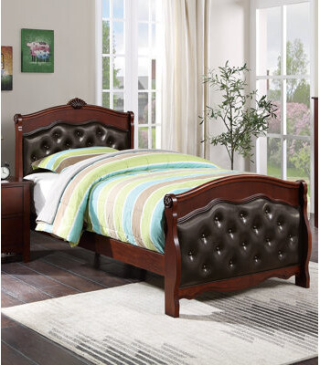 Rosdorf Park Dark Cherry Twin Size Bed Youth Bedroom Furniture Espresso Faux Leather Headboard Footboard Plywood 1Pc Bedframe