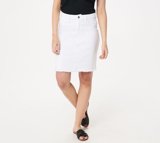 knee length white denim skirt