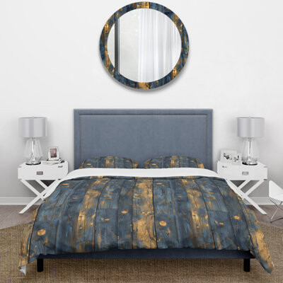 Design Art Navy Blue And Gold Reclaimed Wood I - Farmhouse Duvet Cover Set