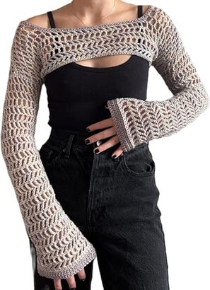 Womens Y2K Bolero Shrug Top - Long Sleeve Crochet Crop Top Mesh