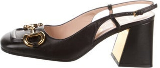 Gucci Leather Slingback Pumps Black Horsebit Accent Square-Toes Buckle Closure at Ankles Unfortunately due to restrictions this item may not be eligible for shipping in all areas.