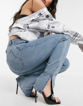 Femme Luxe high waist straight leg jeans with side splits in light blue