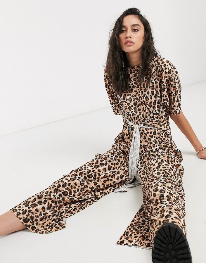 ASOS DESIGN lounge plisse tie front jumpsuit in leopard print - ShopStyle