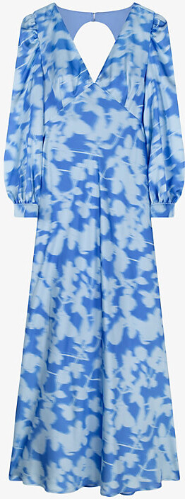 Omnes Womens Blue Floral Francoise V-Neck Floral-Print Satin Maxi Dress 4