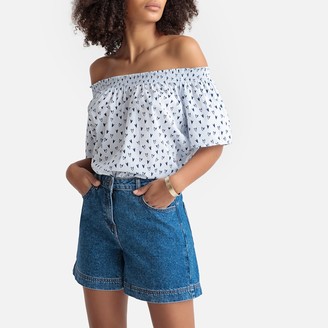 Benetton Printed Cotton Off-The-Shoulder Blouse with Smocked Detail
