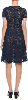 Valentino Short-Sleeve Heavy-Lace A-Line Dress w/ Crepe Inset