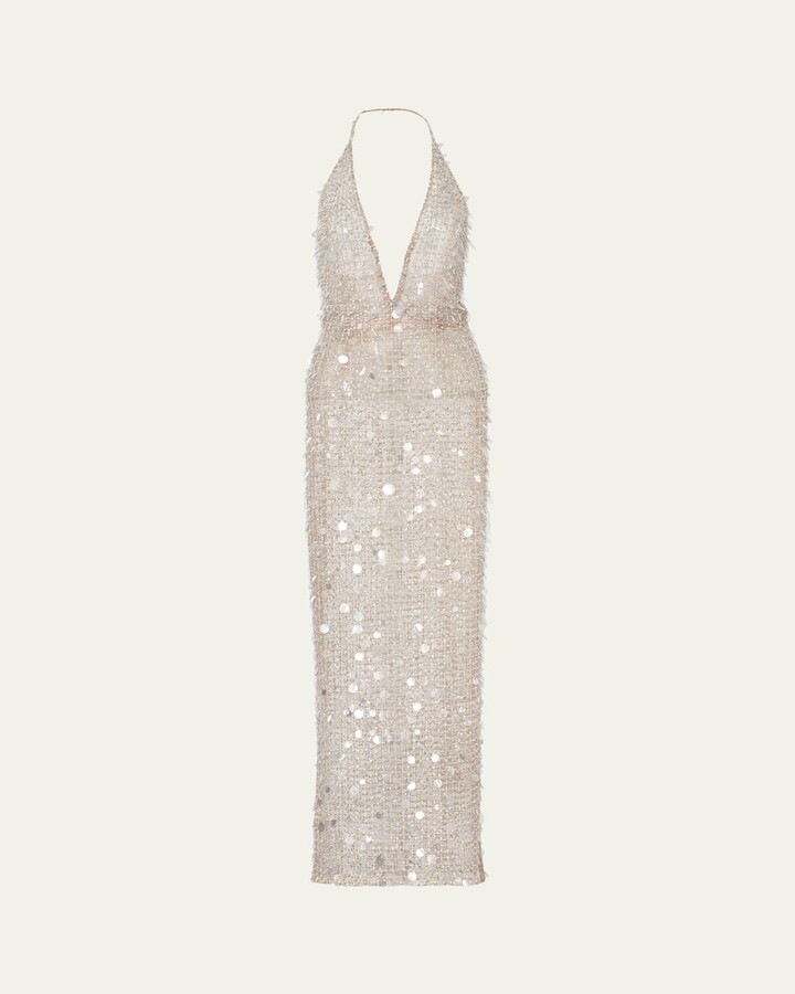 Carolina Herrera Embellished Plunging Halter Column Gown