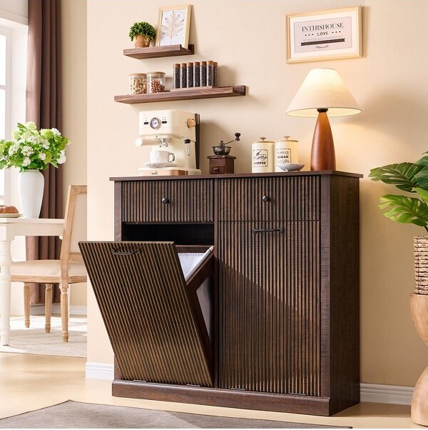Sincido Tilt-OutTrashCabinetHiddenTrashCanwith20GallonStorageWoodenHiddenGarbageCanCabinetwith2DrawersforKitchen&LivingRoomBrown