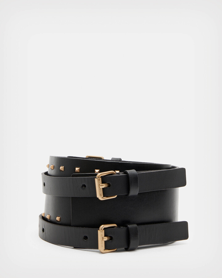 AllSaints Maxie Leather Studded Double Belt - Black/warm Brass