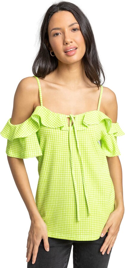 Roman Originals Women Gingham Print Cold Shoulder Frill Top - Ladies Spring  Everyday Summer Holiday Bardot Neckline Comfy Spaghetti Strap Short Sleeve  Shirt Tie Detail Blouses - Lime - Size 20 - ShopStyle