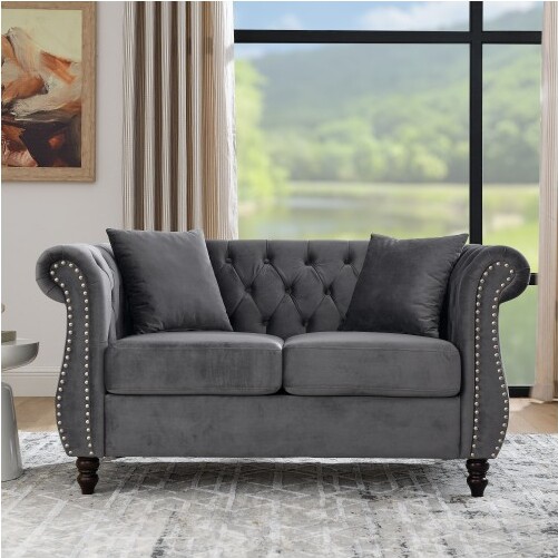 Akoasm58.8in.W2SeaterSofawithRolledArmsandNailheadForBedroom&LivingRoom-Grey