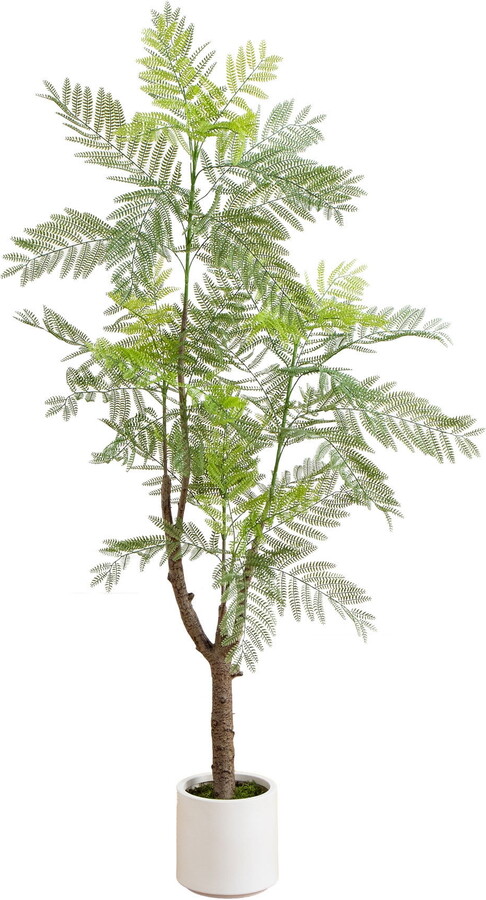 Nearly Natural 6ft. Artificial Minimalist Jacaranda Tree in White Decorative Planter