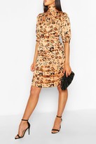 Thumbnail for your product : boohoo Animal Print Tie Neck Ruched Midi Dress