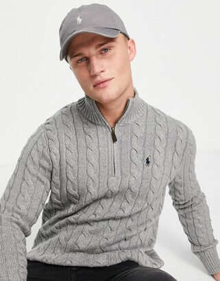 Polo Ralph Lauren icon logo half zip cotton cable knit sweater in gray  heather - ShopStyle