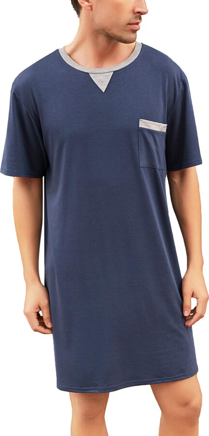 QiaTi Men's Nightshirt Cotton Nightwear Comfy Big V Neck Pajama Short Sleeve Soft Loose Sleep Shirt 