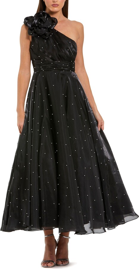 Mac Duggal Pearl Beaded Organza One Shoulder Midi Dress