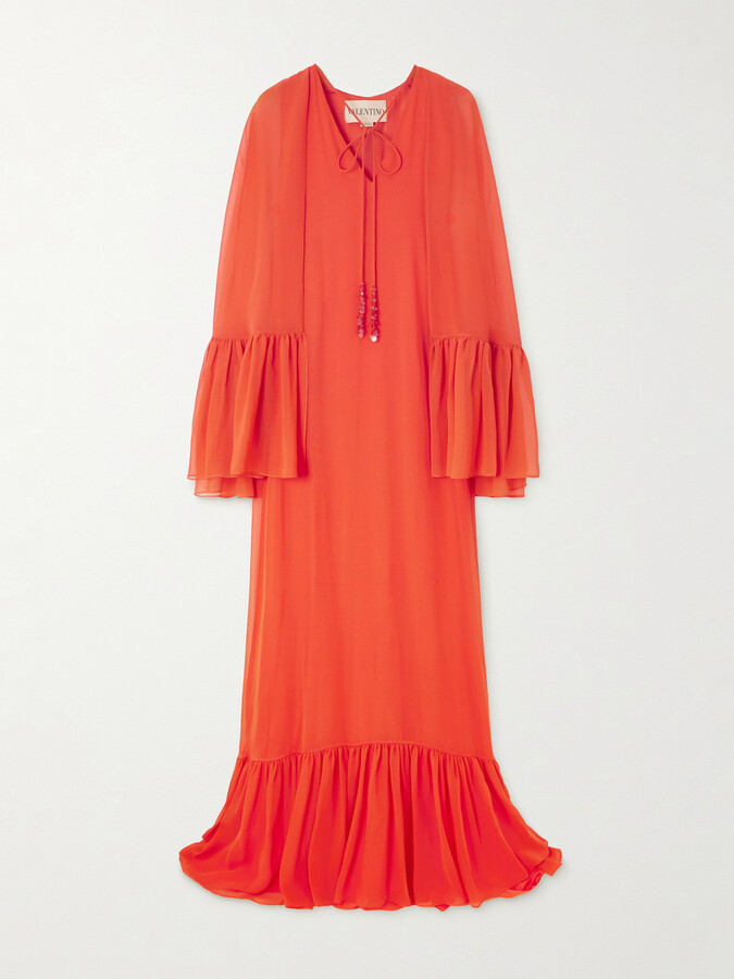Valentino Garavani Cape-effect Ruffled Silk-georgette Gown - Orange