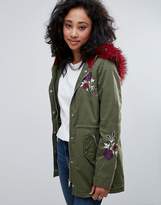Thumbnail for your product : Urban Bliss Embroidered Parka Coat With Contrast Faux Fur