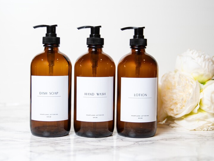 Etsy Amber Glass Soap Dispenser Set Modern Kitchen Storage, Mod Label