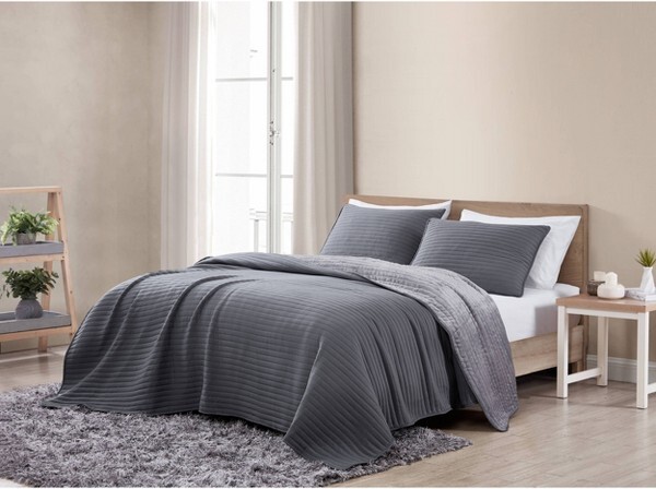 Geneva Home Fashion 3pcKingTerriEnzymeWashReversetoPlushQuilt&ShamSetCharcoal-GenevaHomeFashion:Microfiber,MidweightFabric