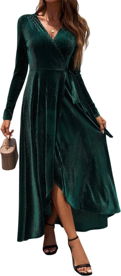 Supreme Fashion V Neck Velvet Maxi Dress In Green