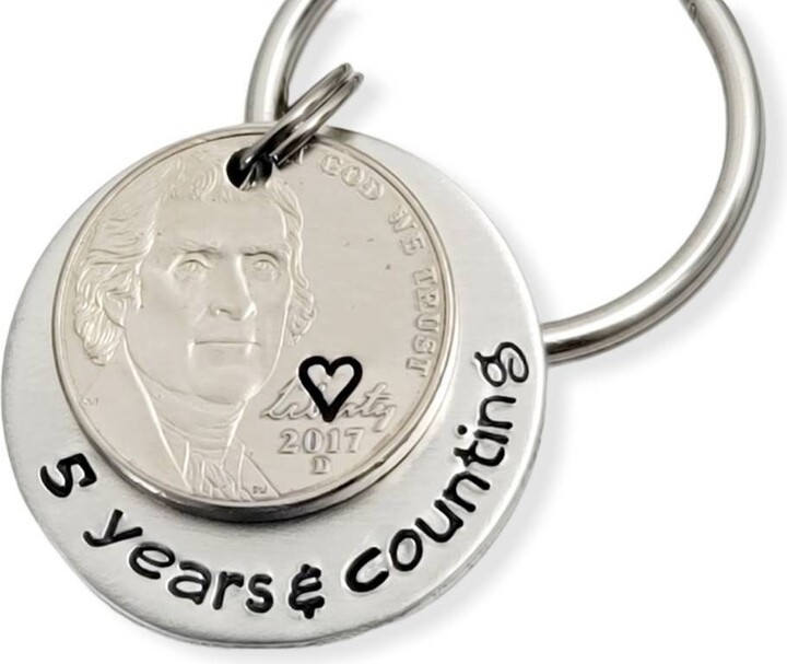 Personalized 5 Year Anniversary Keychain - Hand Stamped Nickel & Aluminum