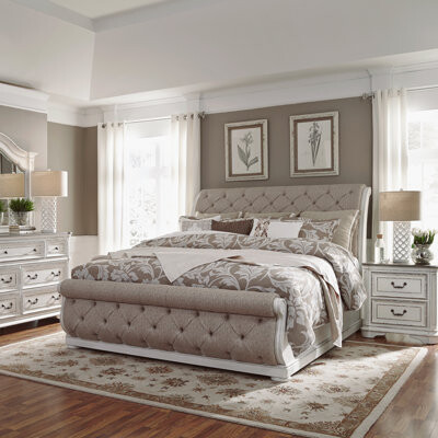 Laurel Foundry Modern Farmhouse Colchester Upholstered Sleigh Bed Dresser & Mirror Night Stand