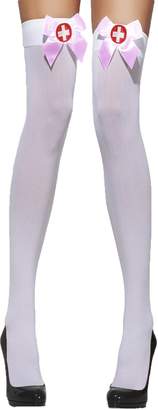 Yummy Bee Womens Sexy Nurse Stockings Semi Opaque Frilly Top Red Cross Hold Ups