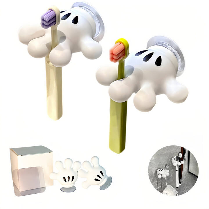 Adorable Palm Toothbrush Holder with Multifunctional Traceless Suction Hooks for Bathroom Towels and Data Cable Winding