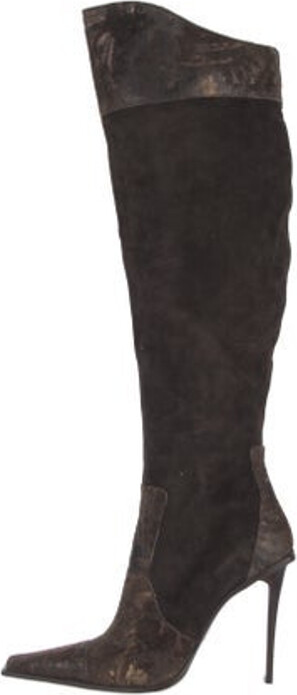 Gianmarco Lorenzi Suede Knee-High Boots Brown Pointed-Toes Exposed Zip Closure at Sides