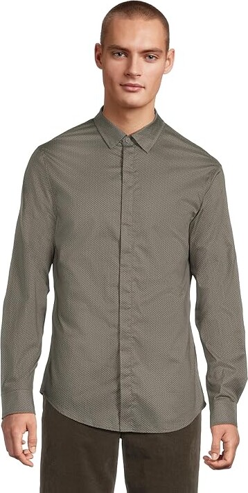 Armani Exchange Slim Fit All Over Print Stretch Cotton Button Down Men's T Shirt Sage Diamond Pattern : LG, Cotton/Elastane