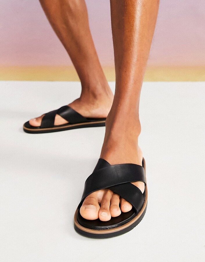 ASOS DESIGN cross strap sandals in black leather - ShopStyle