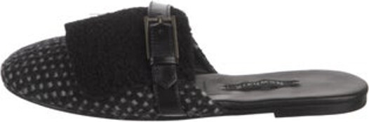 Newbar K Leather Mules Black Printed Semi-Pointed Toes Crossover Straps & Buckle Closure At Uppers Includes Dust Bag Unfortunately, due to restrictions, this item may not be eligible for shipping in all areas. | NewbarK Leather Printed Mules in Black, Women's 8